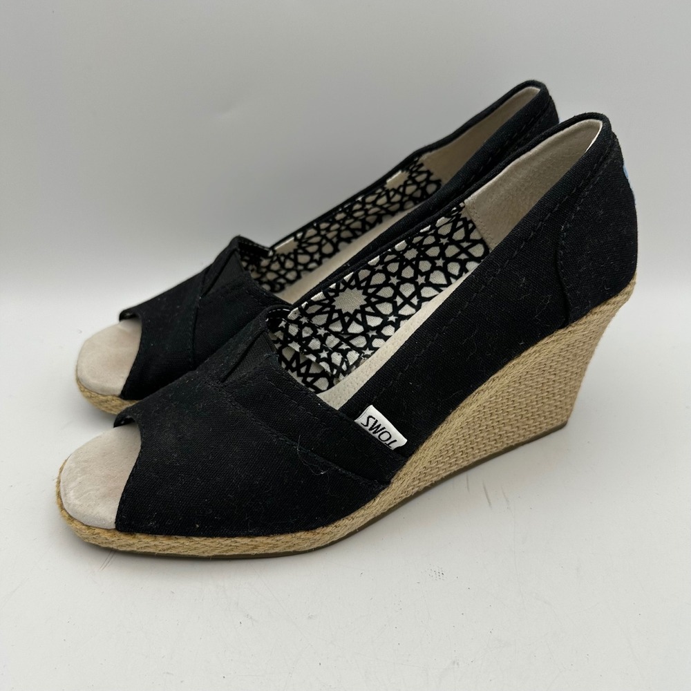 TOMS Peep Toe Wedge Sandals‎ Womens 9 Black Canvas Espadrille Jute Heel